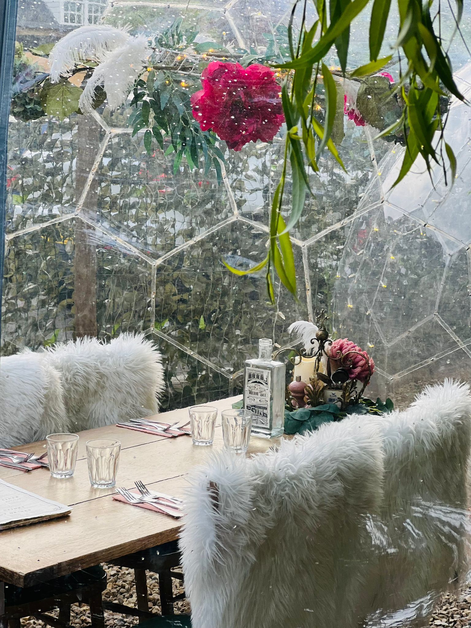 Dry dining table inside the pod during rain