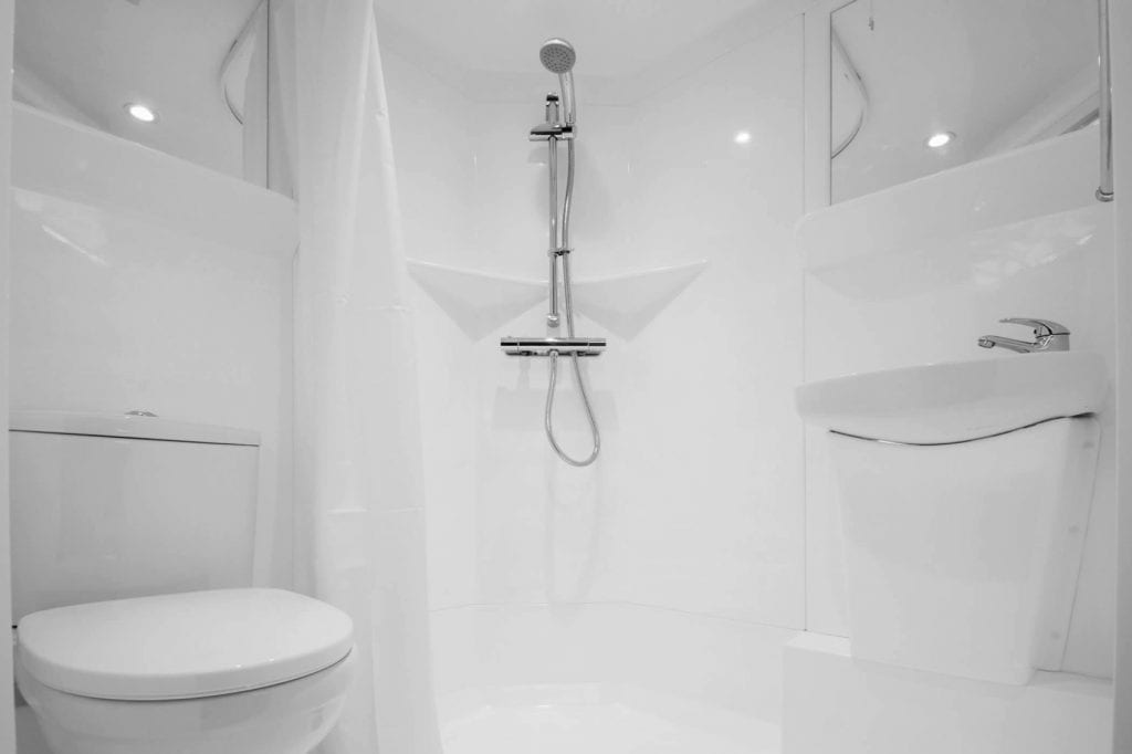 Modular bathroom ready to plug in to a glamping dome
