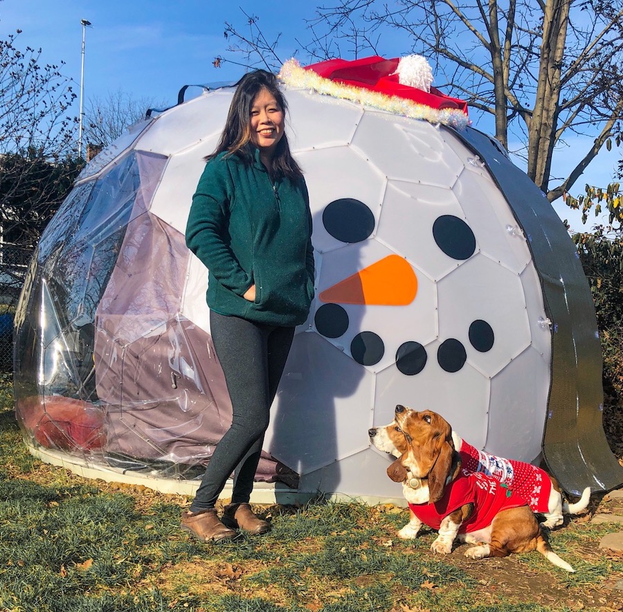 Cece and her dogs in front of the dome