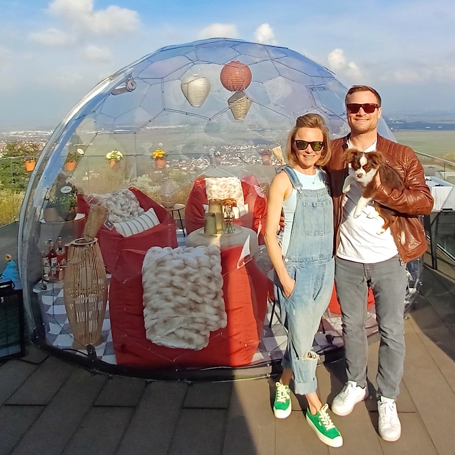 Holley and Kevin in front of their terrace dome