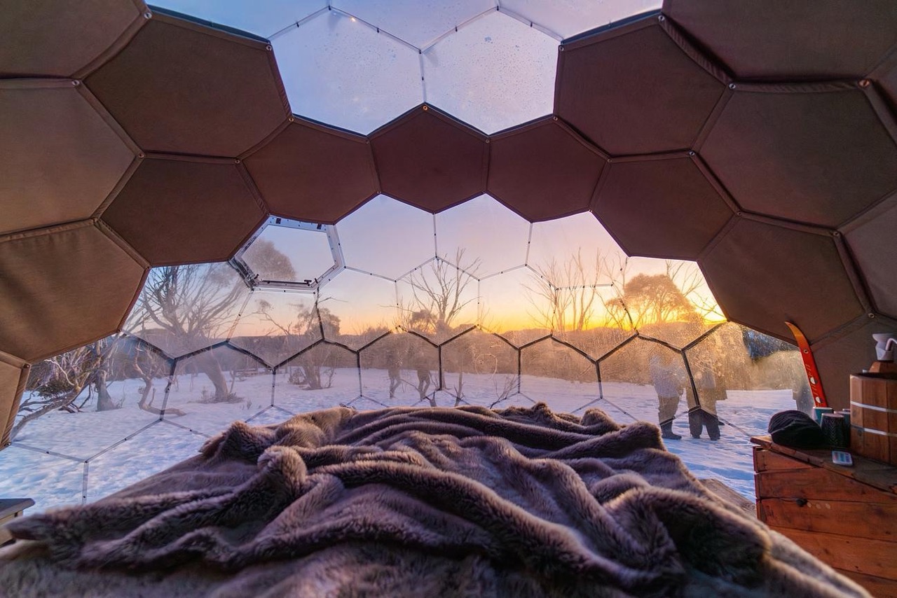 cozy glamping in a hexagonal dome